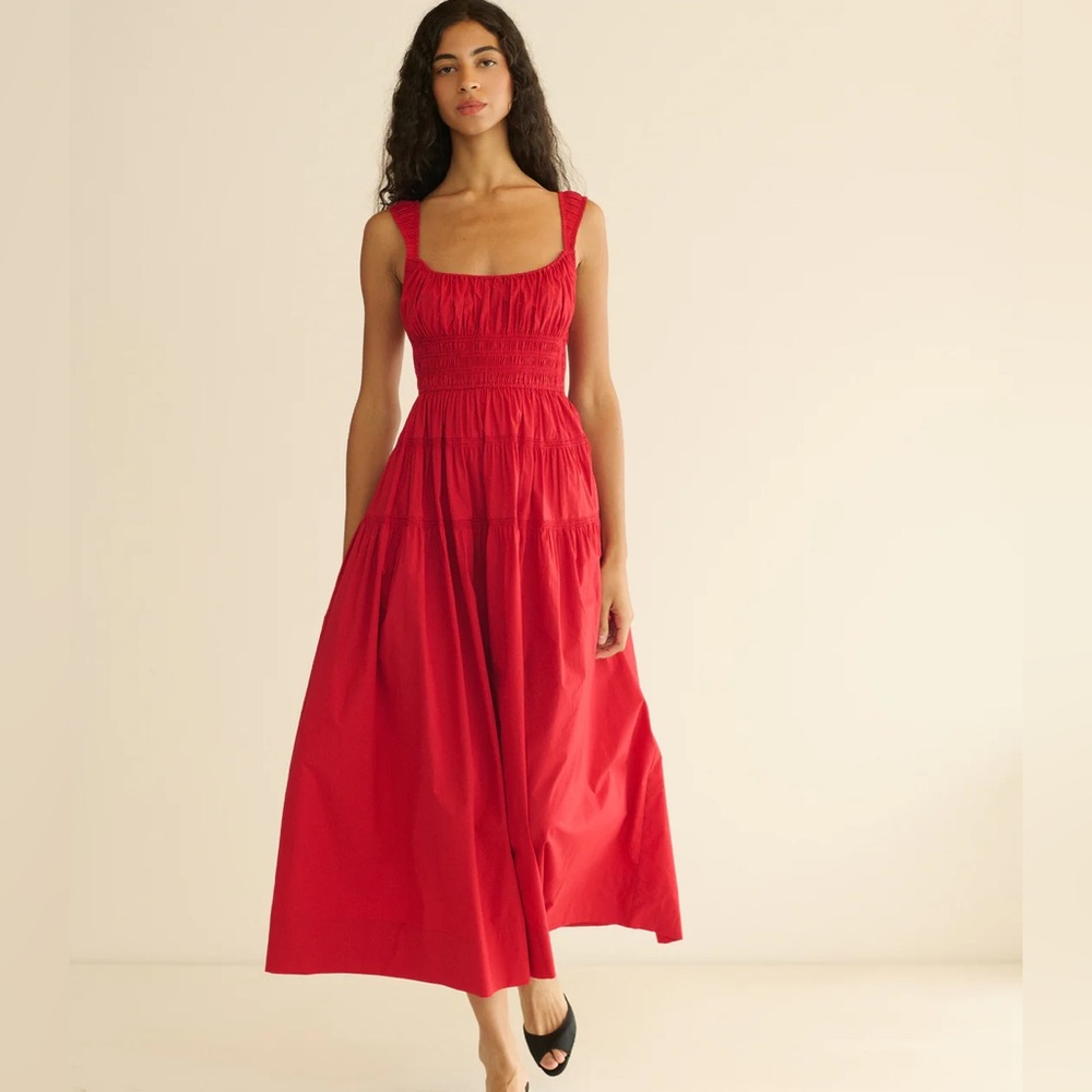 Red Smocked Square-Neck Maxi Dress
